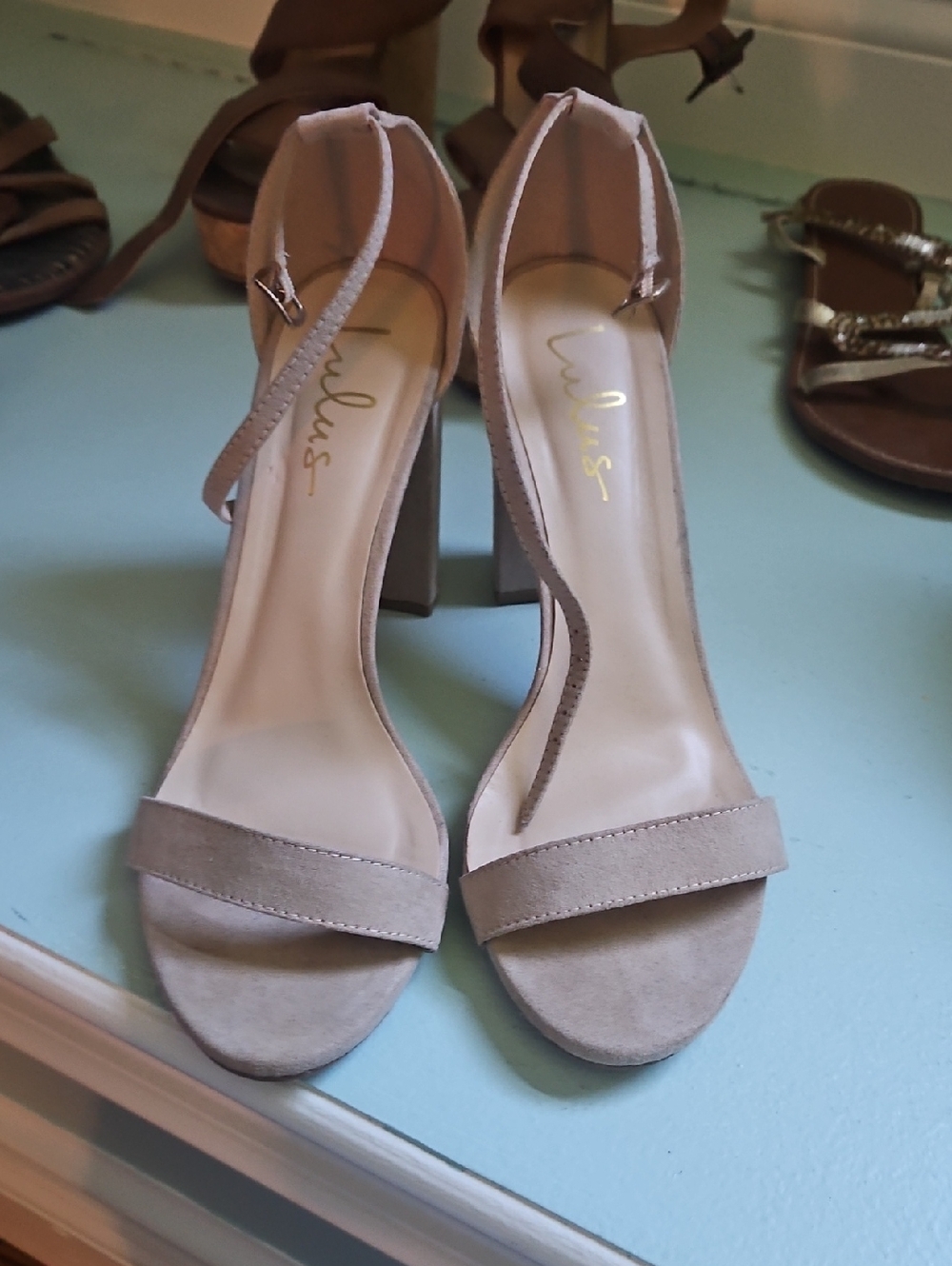 Lulu's Taupe Suede Ankle Strap Block Heels